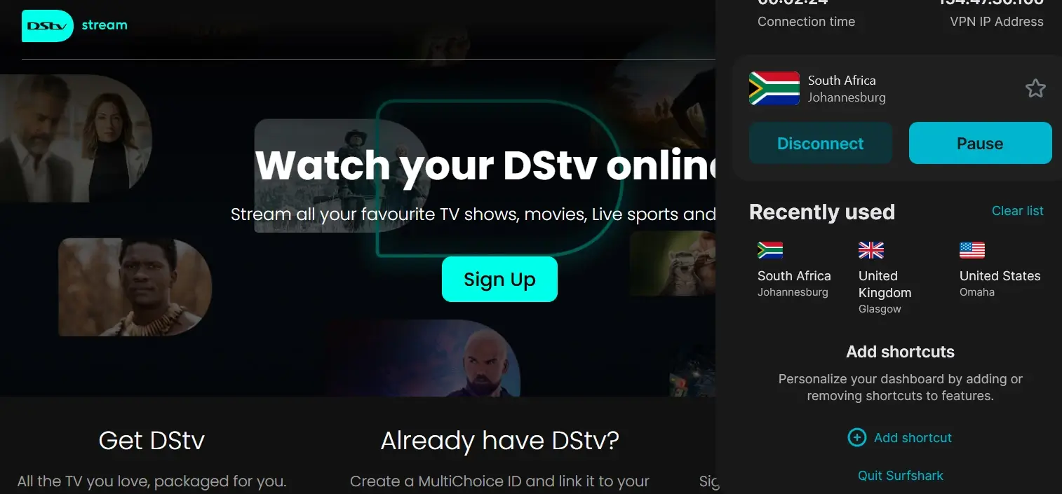 DStv in USA with SurfShark