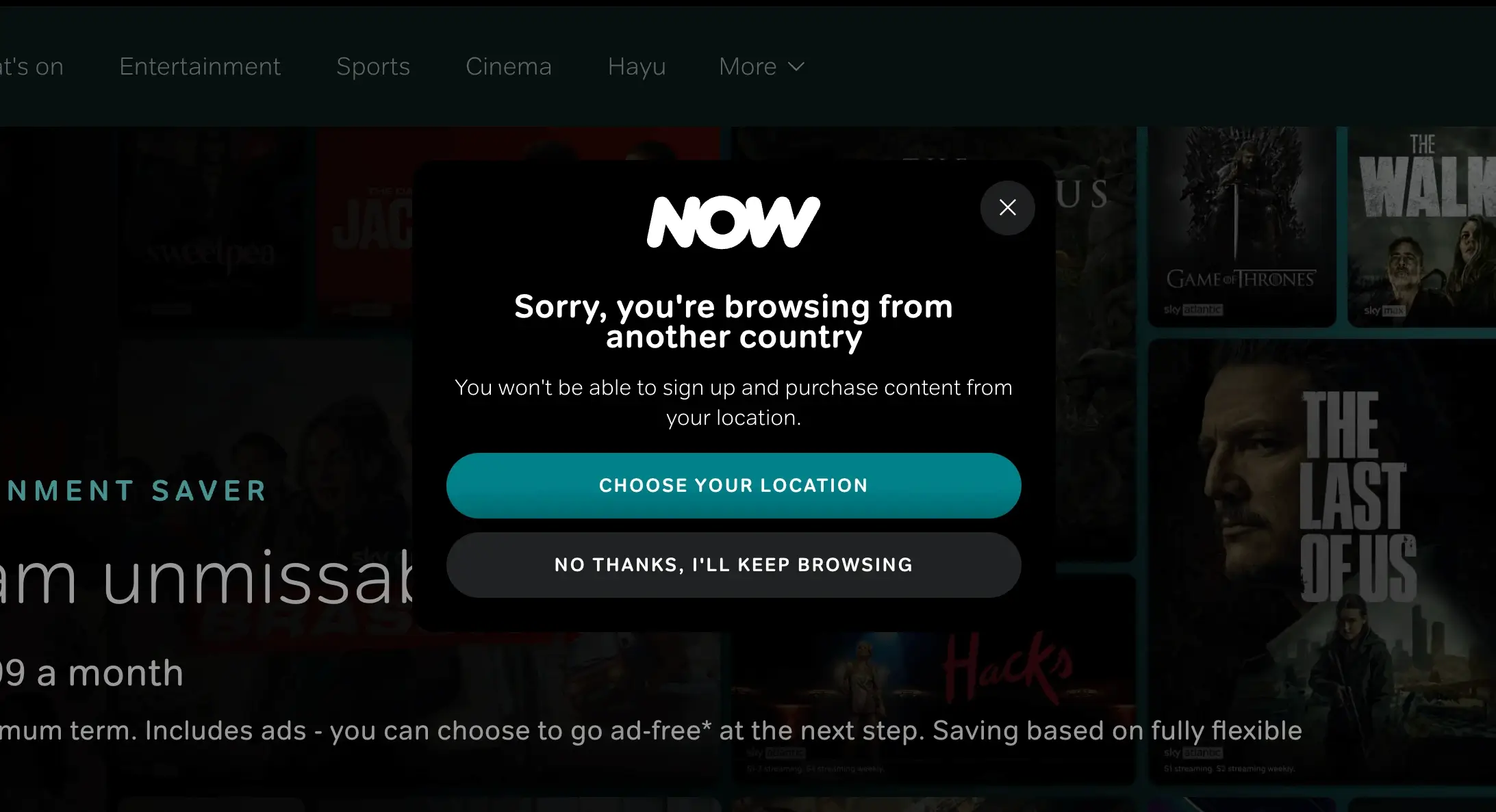 Location restriction while accessing Sky Sports in Australia through Now TV.